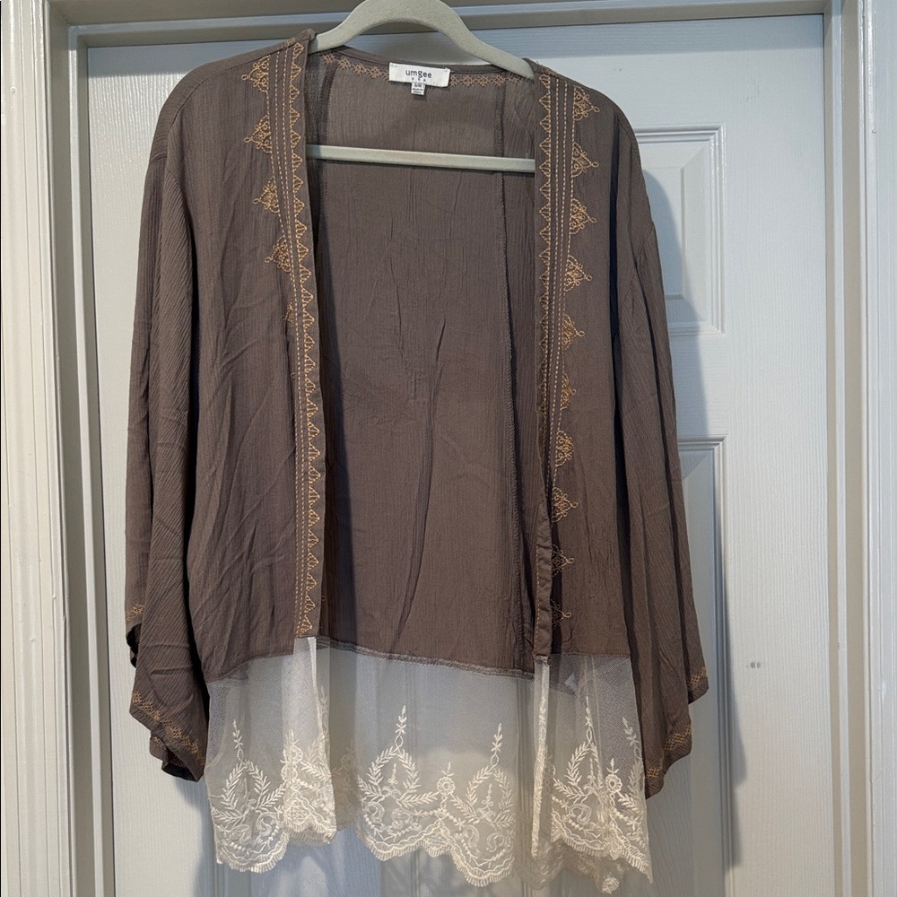 Autumn Layer Fairy Lace Trim Open Front Embroidered Olive Kimono Wide Sleeve S/M